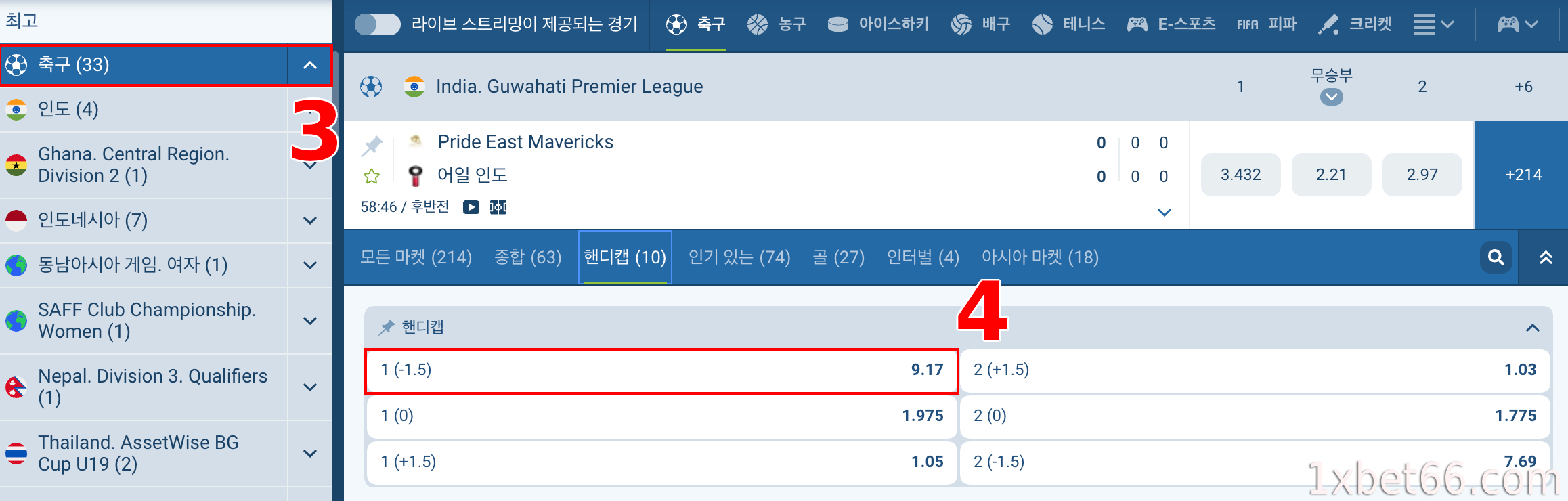 경기 및 원하는 핸디캡 배당률 선택