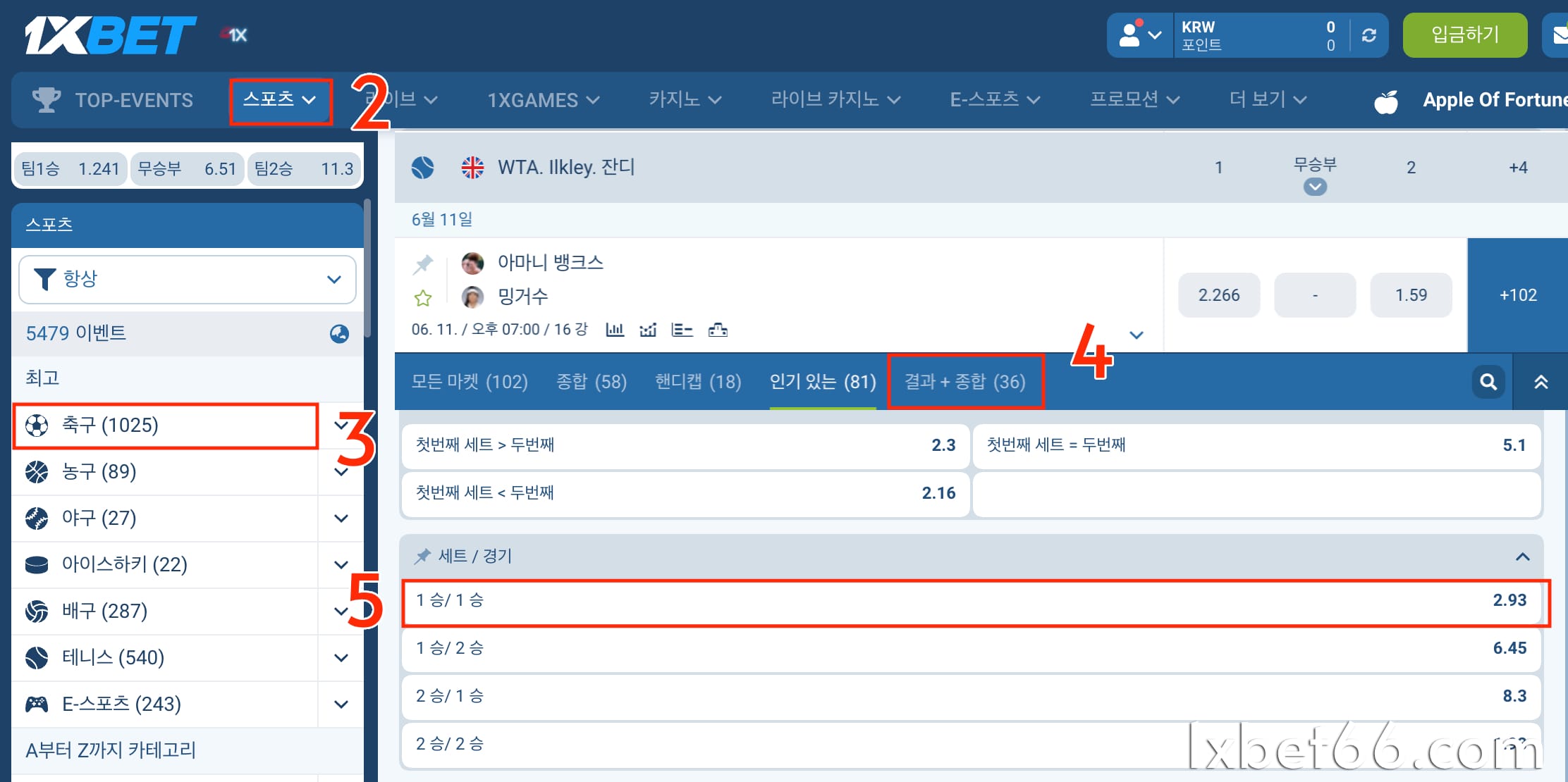 "스포츠"와 베팅하려는 경기를 선택하세요