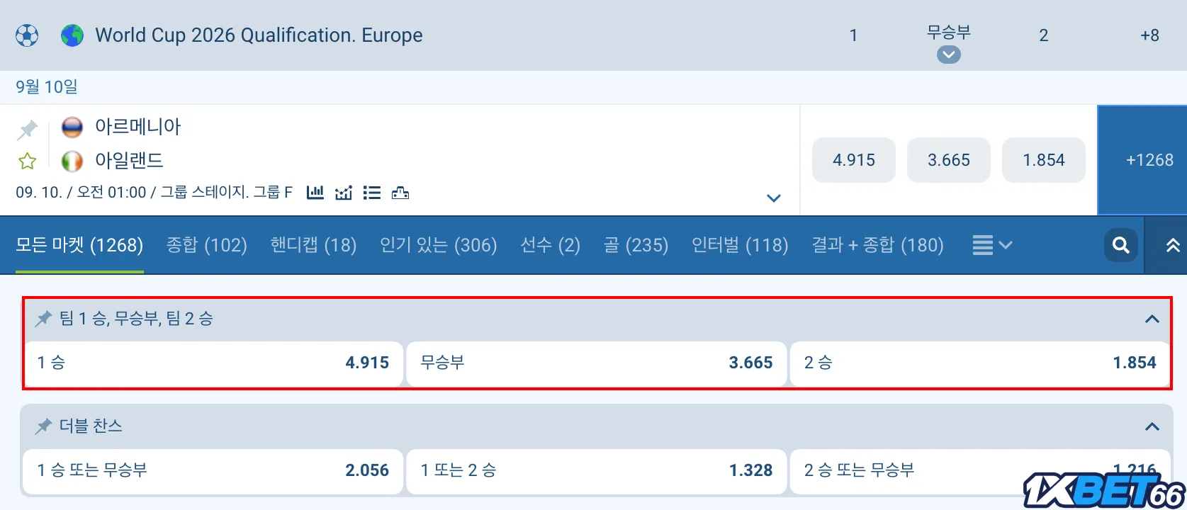 1XBET의 유럽 1x2 배당률