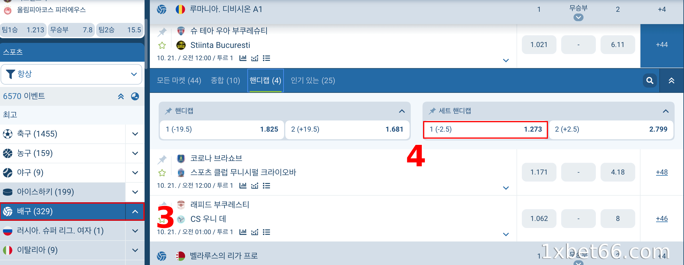 핸디캡 2.5의 배구 경기를 선택하세요