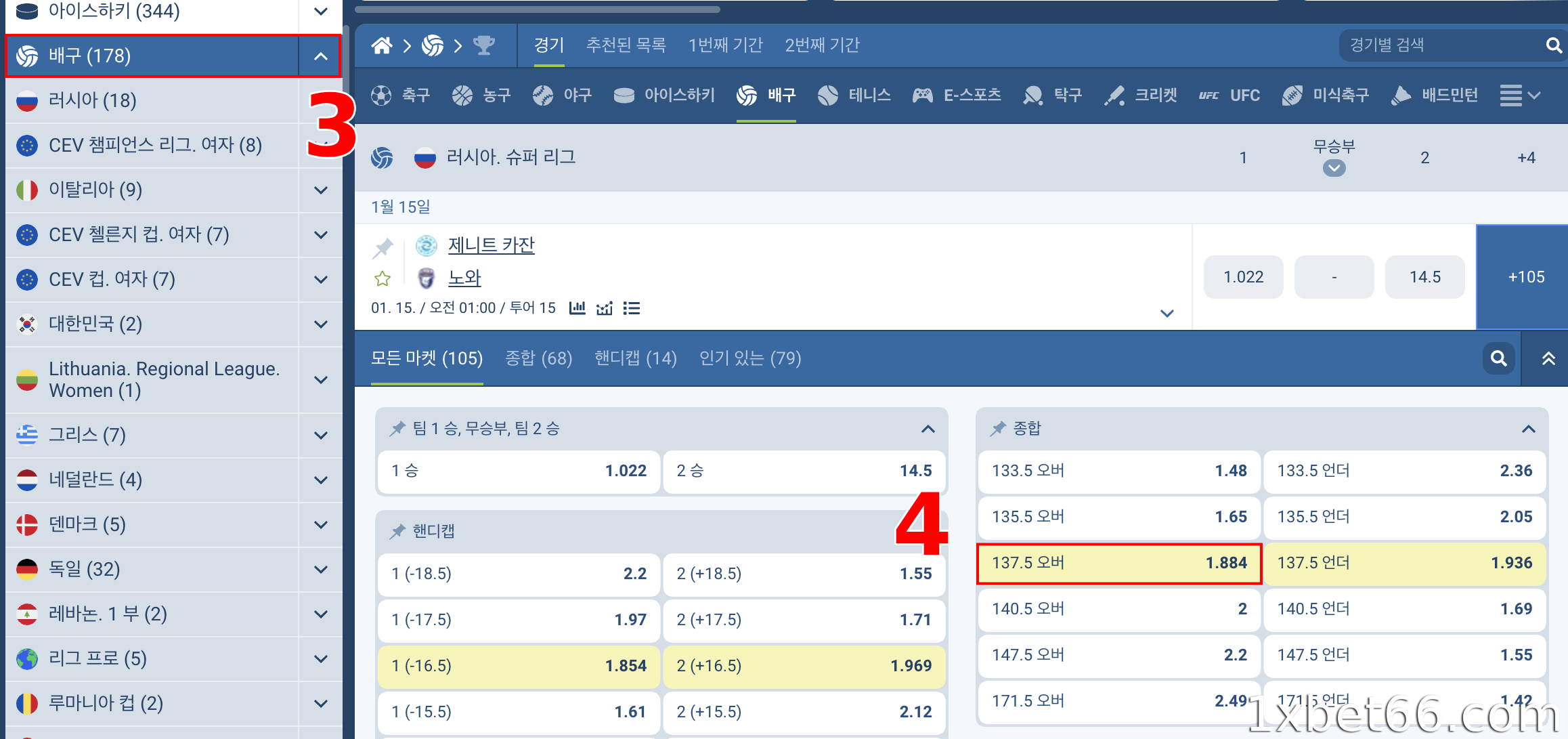 베팅하고 싶은 배구 종목과 경기를 선택하세요.